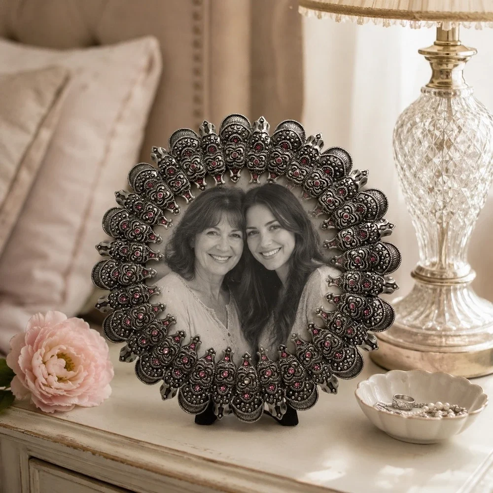 Vintage Style Round Pewter Tone Metal Picture Frame Pink Rhinestone Ornate